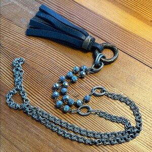 Black Leather Tassel Necklace with Beaded Chain